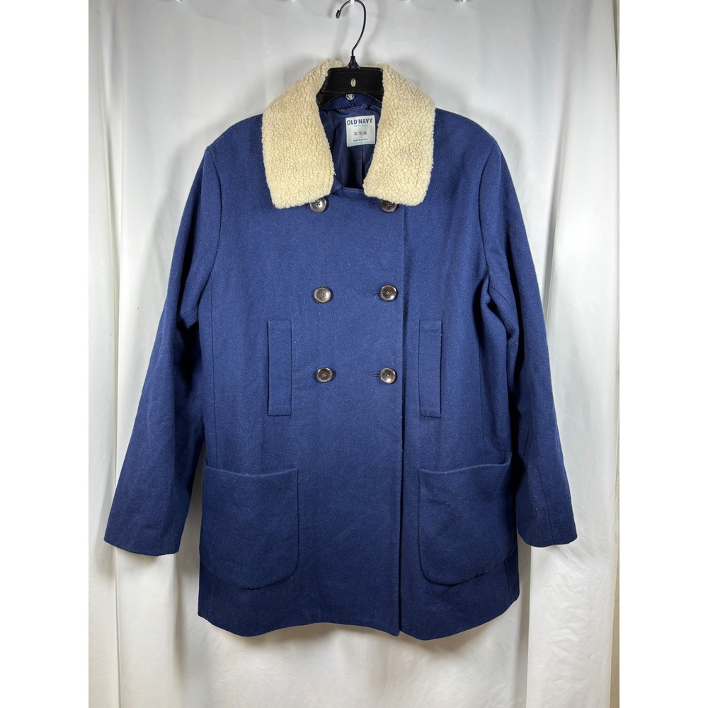 Old Navy Womens Double Breasted‎ Navy Blue Wool Blend Coat Sherpa Collar XL
